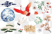 Japanese kamon ornamental element png set, artwork remix from original print by Watanabe Seitei