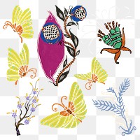 Butterfly & flower png sticker collage element illustrations in stencil print style set 