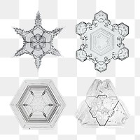 Snowflake png set Christmas ornament macro photography, remix of photography by Wilson Bentley