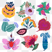 Vintage flower png stickers, Art Nouveau floral collage clipart set.