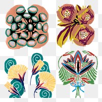 Vintage flower png stickers, Art Nouveau floral collage clipart set.