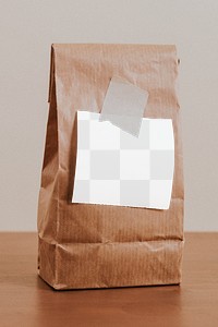 Brown paper bag with a white notepaper design element