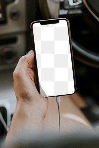 Hand holding blank screen smartphone car charge