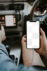 Hand holding blank screen smartphone car charge