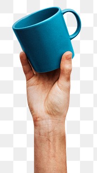 Hand holding a blue ceramic coffee cup design element