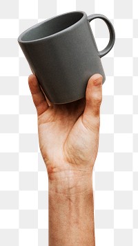 Hand holding a gray ceramic coffee cup design element