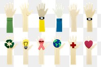 Paper craft hands of diversity and symbols design element set