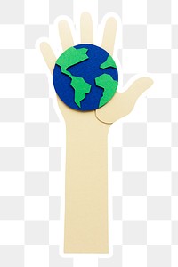 Hand holding teh world paper craft sticker