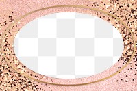 Gold shimmering oval frame on a pink background 