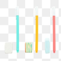 Colorful pen and eraser set transparent png