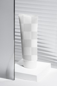 Png cosmetic tube mockup with patterned glass texture product backdrop