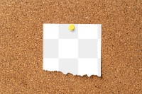 Pinned note mockup png, ripped memo on brown corkboard 