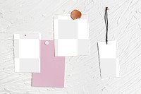 Paper png mockups, transparent notes and label tag on textured white wall