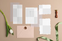 Wedding card mockup png, transparent paper, aesthetic flat lay stationery set