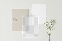 Wedding card mockup png, transparent paper, aesthetic flat lay stationery