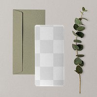 Wedding card mockup png, transparent paper, aesthetic flat lay stationery, green envelope design