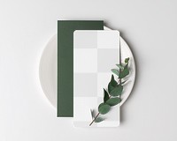 Paper mockup png, wedding menu, flat lay, white and green design