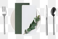 Table setting png, digital sticker, green and white wedding menu