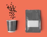 Product branding png mockup, transparent design set, coffee bag label and paper cup