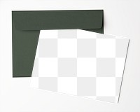 Invitation card png, stationery mockup, transparent paper, green envelope, flat lay design