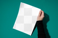 Paper png, flat lay mockup, transparent design, hand holding corner