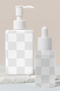 Cosmetic bottles png mockup, transparent product packaging design, beauty business branding