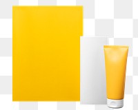 Yellow skincare tube png, blank paper, beauty business branding