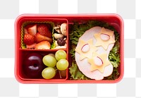 Png bento lunch, kids food art with sandwich and strawberries