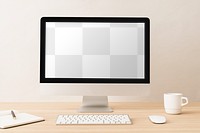 Computer png, transparent screen mockup, minimal workspace, clean interior design