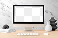 Computer png, transparent screen mockup, monotone workspace, luxurious decoration