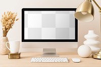 Transparent computer screen png mockup, aesthetic workspace design, clean decoration