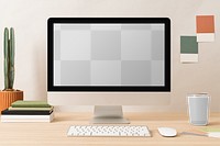 Transparent computer screen png mockup, minimal workspace, clean interior design with indoor plant