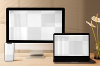 Transparent screen png, digital device mockups, aesthetic workspace decoration