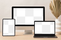 Digital device mockup png, transparent screen, aesthetic workspace design