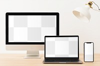 Transparent screen png, digital device mockups, aesthetic workspace decoration