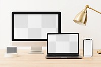 Transparent screen, digital device mockups, minimal workspace