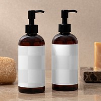 Label png transparent mockup, brown pump bottle, skincare product design