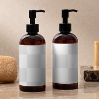 Label mockup png, brown pump bottle, skincare product design