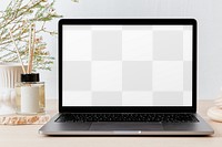 Transparent laptop screen png mockup, minimal workspace with home aroma