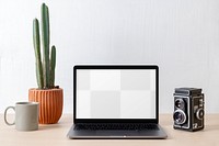 Transparent laptop screen png mockup, minimal workspace for photographer