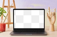 Transparent laptop screen mockup png, aesthetic workspace for artist