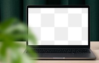 Transparent laptop screen png mockup, minimal workspace with blurred green leaf