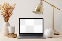 Transparent laptop png, screen mockup, aesthetic workspace, luxurious brass decoration
