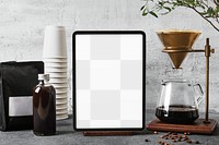 Transparent tablet screen mockup png, coffee shop smart technology