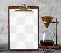 Paper mockup png, coffee shop menu, pour over coffee maker