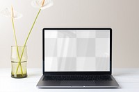 Laptop transparent screen png mockup, minimal workspace, white flower decoration