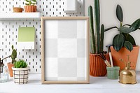 Wooden picture frame mockup png, green workspace decoration, home interior design