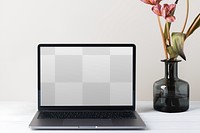 Transparent laptop screen png mockup, minimal workspace with flower in vase