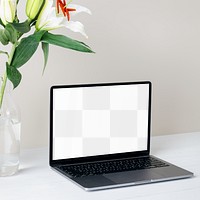 Laptop transparent screen png mockup, minimal workspace, white flower decoration