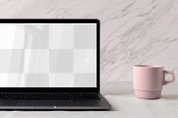 Laptop png mockup, feminine home interior, cup of coffee